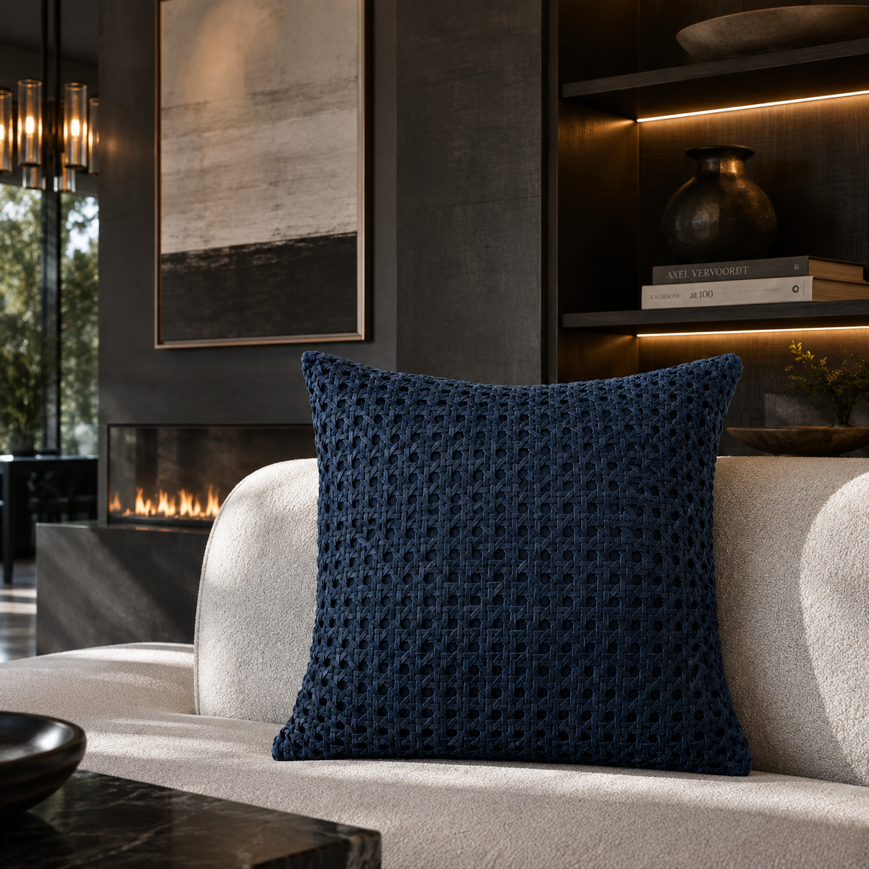 Rattan Suede Pillow –  Navy