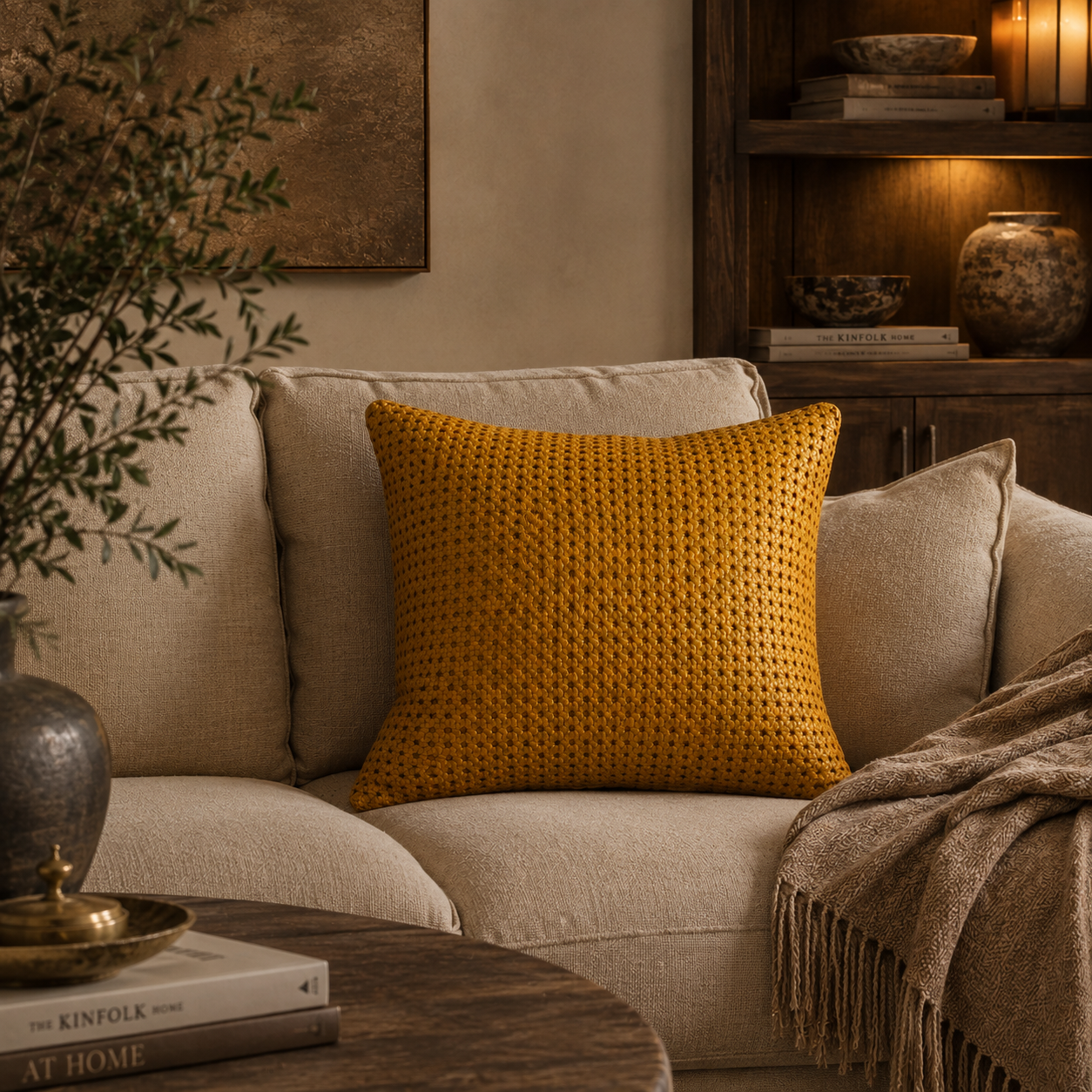 Rattan Leather Pillow 24” – Mustard