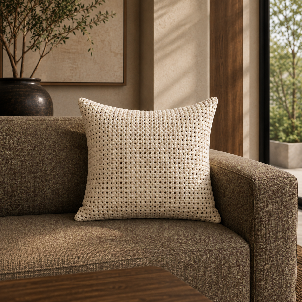 Rattan Leather Pillow 24” – Bone