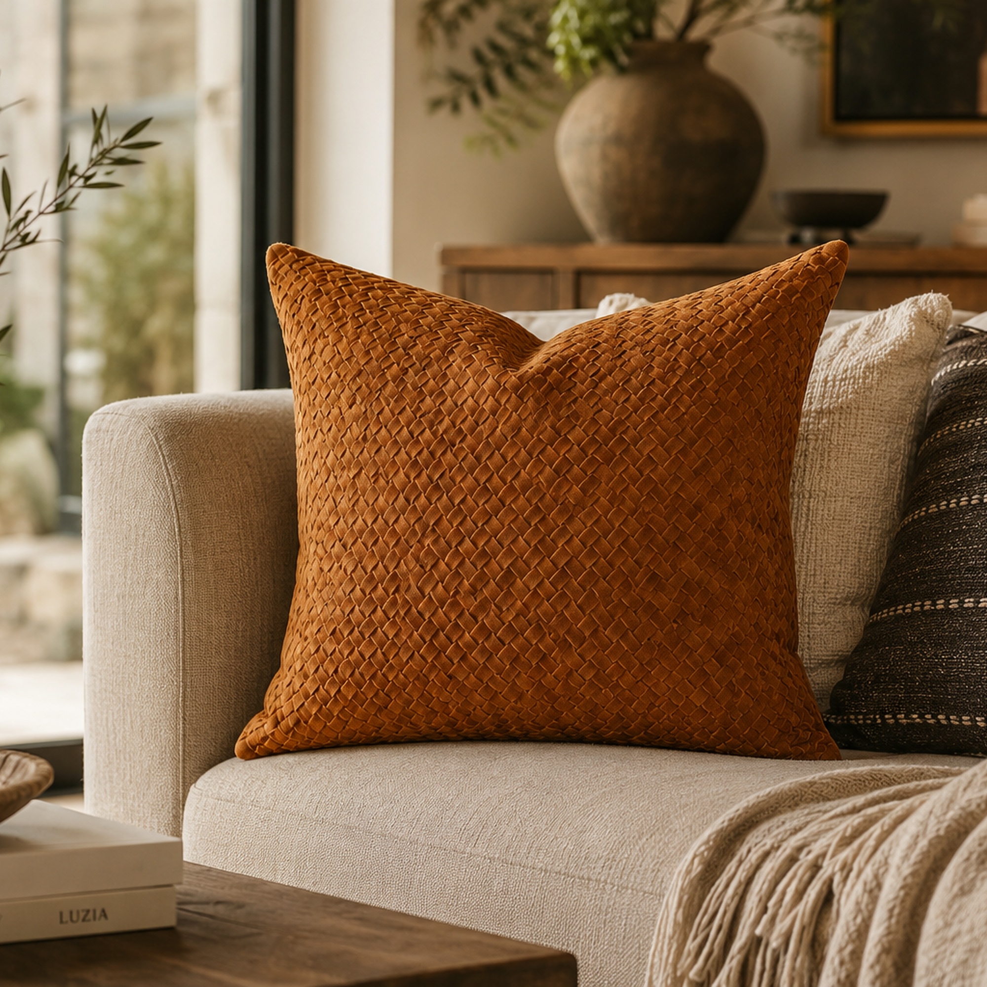 Chevron Suede Pillow – Cognac