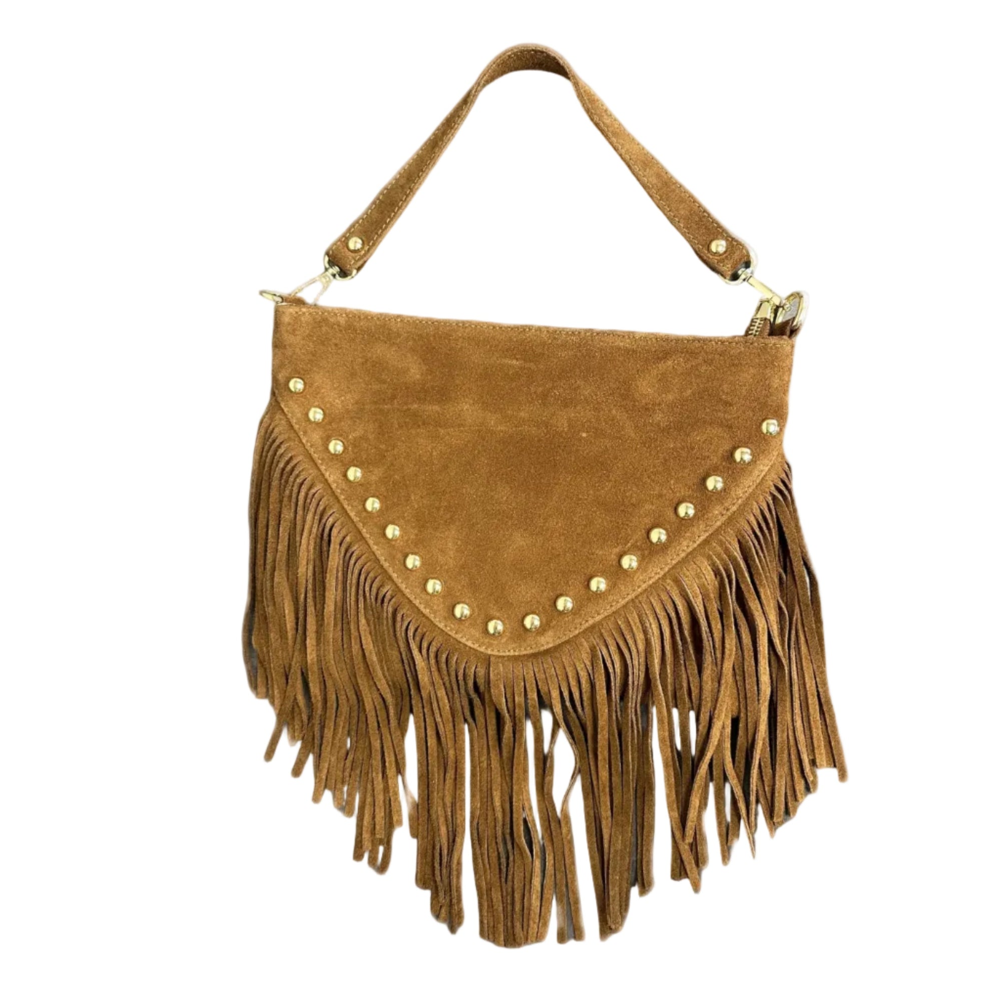 Arm Tote Fringe Suede Buttons Cognac luxury suede fringe bag