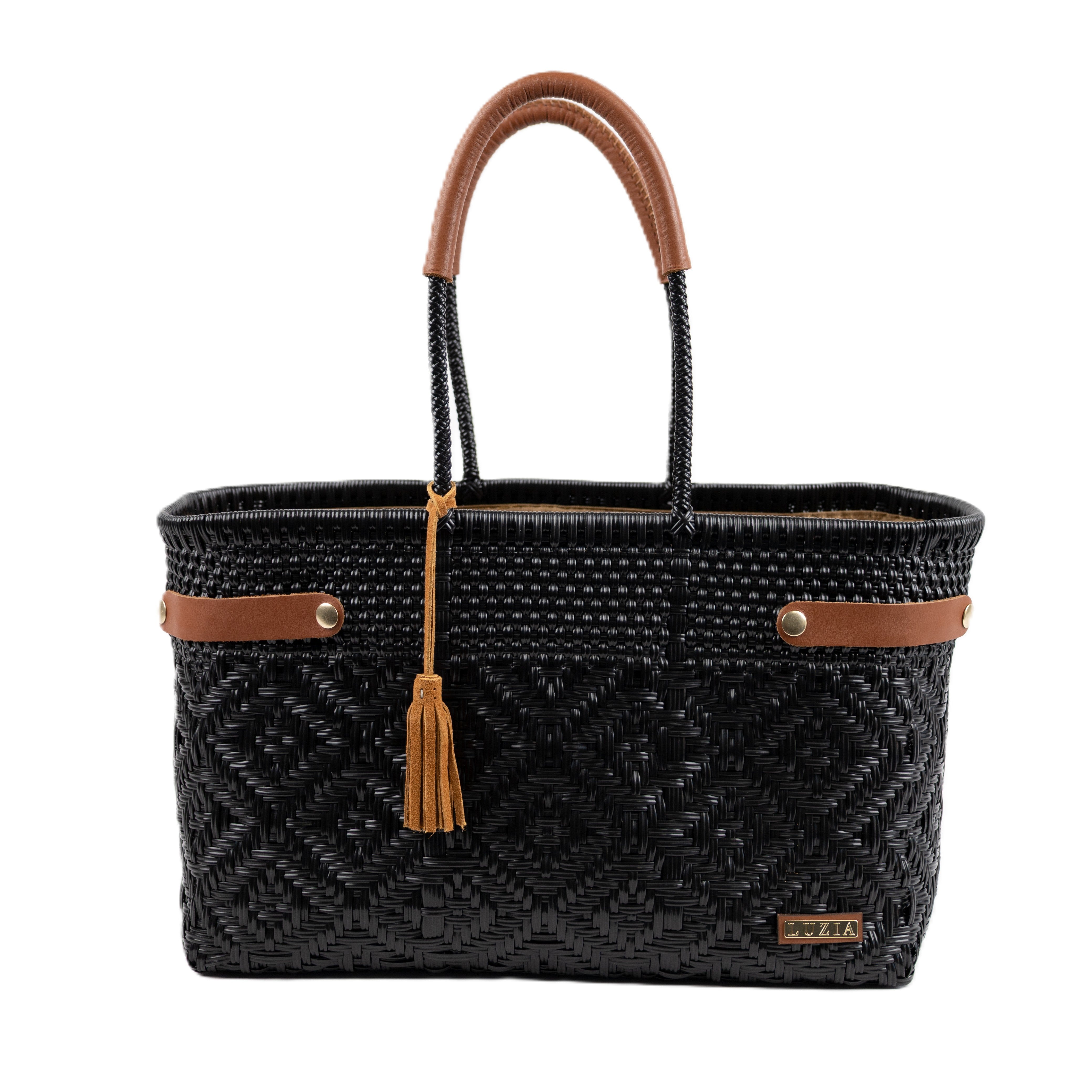 Open Basket Jumbo Braided Solid Black (Leather Cognac)