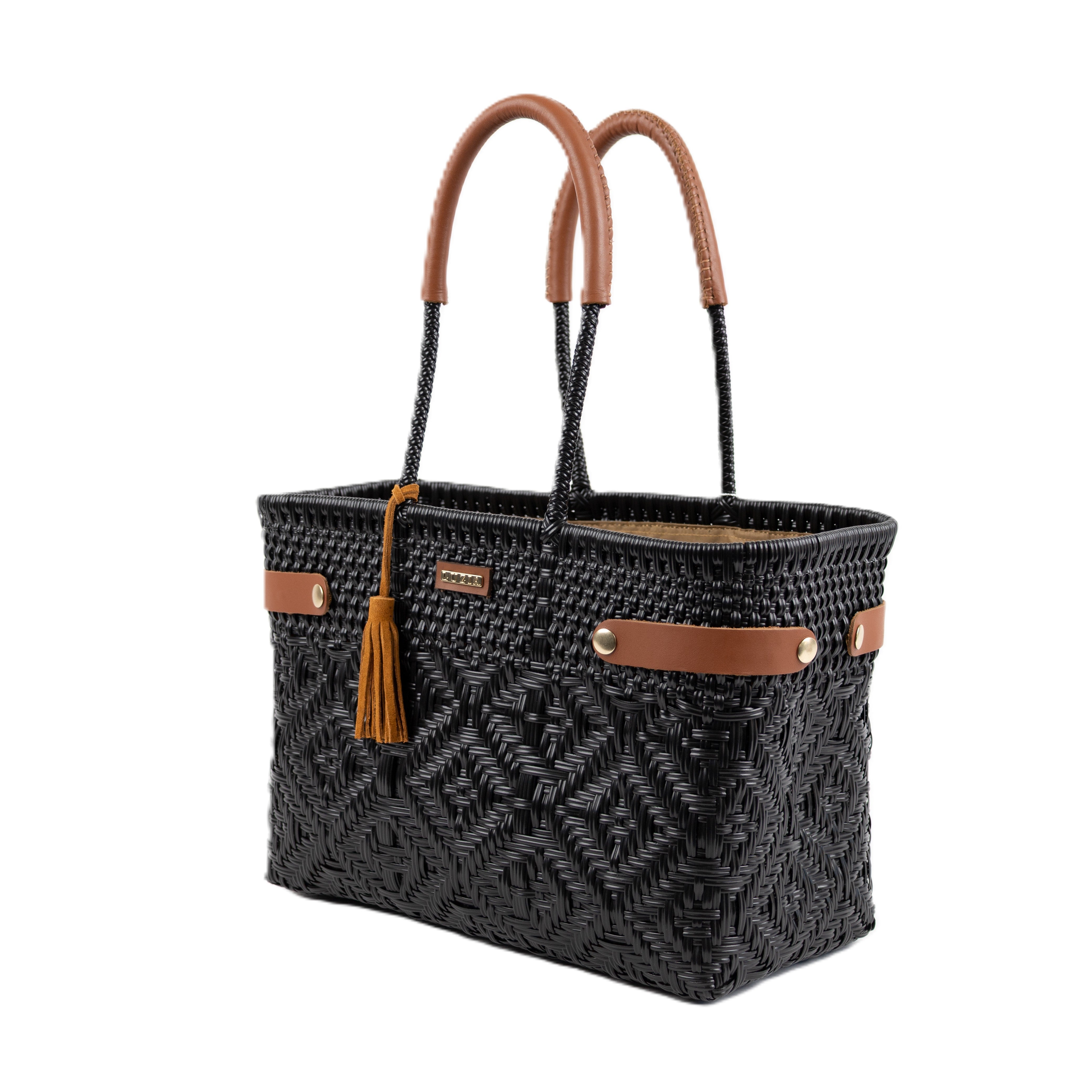 Open Basket Medium Braided Solid Black (Leather Cognac)