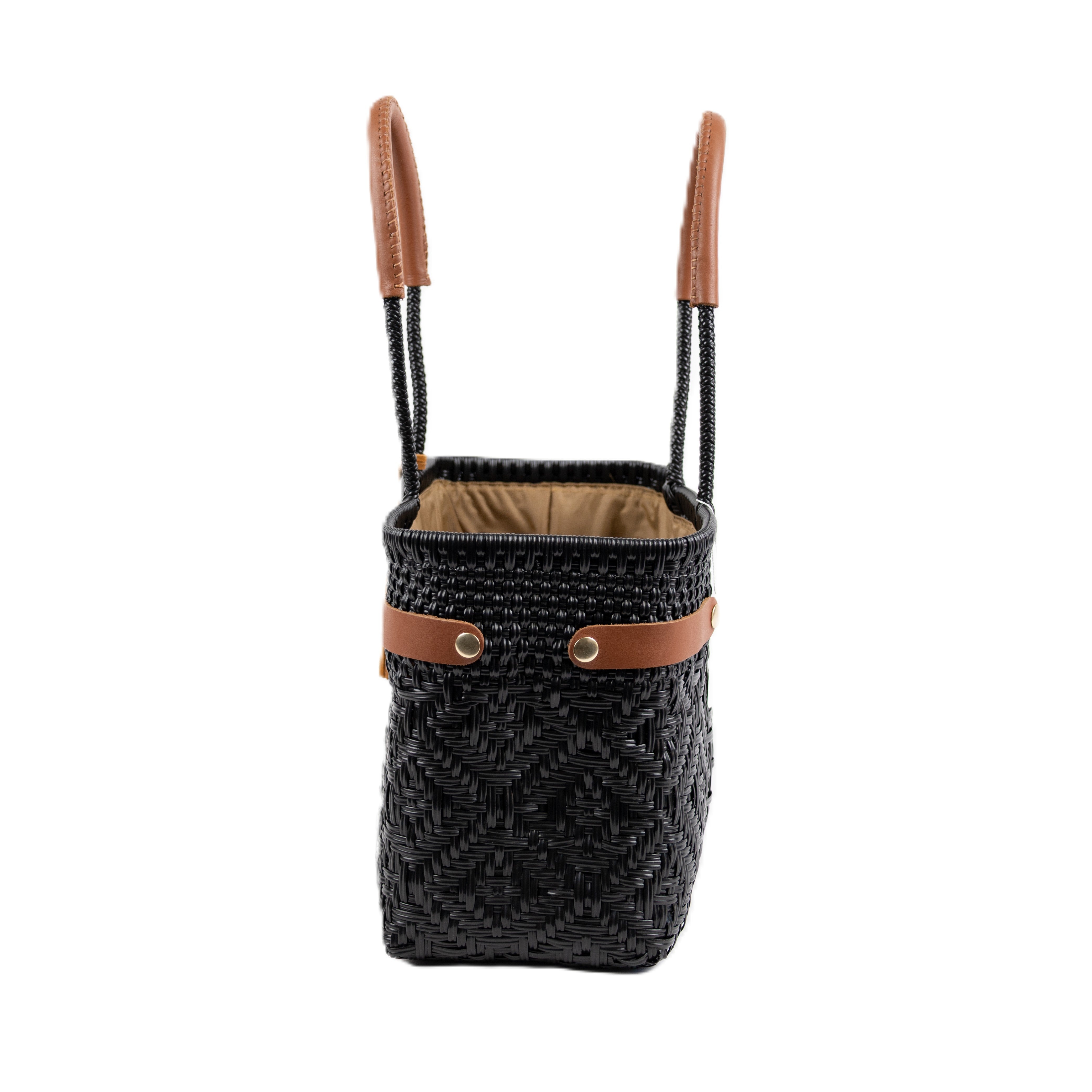 Open Basket Medium Braided Solid Black (Leather Cognac)