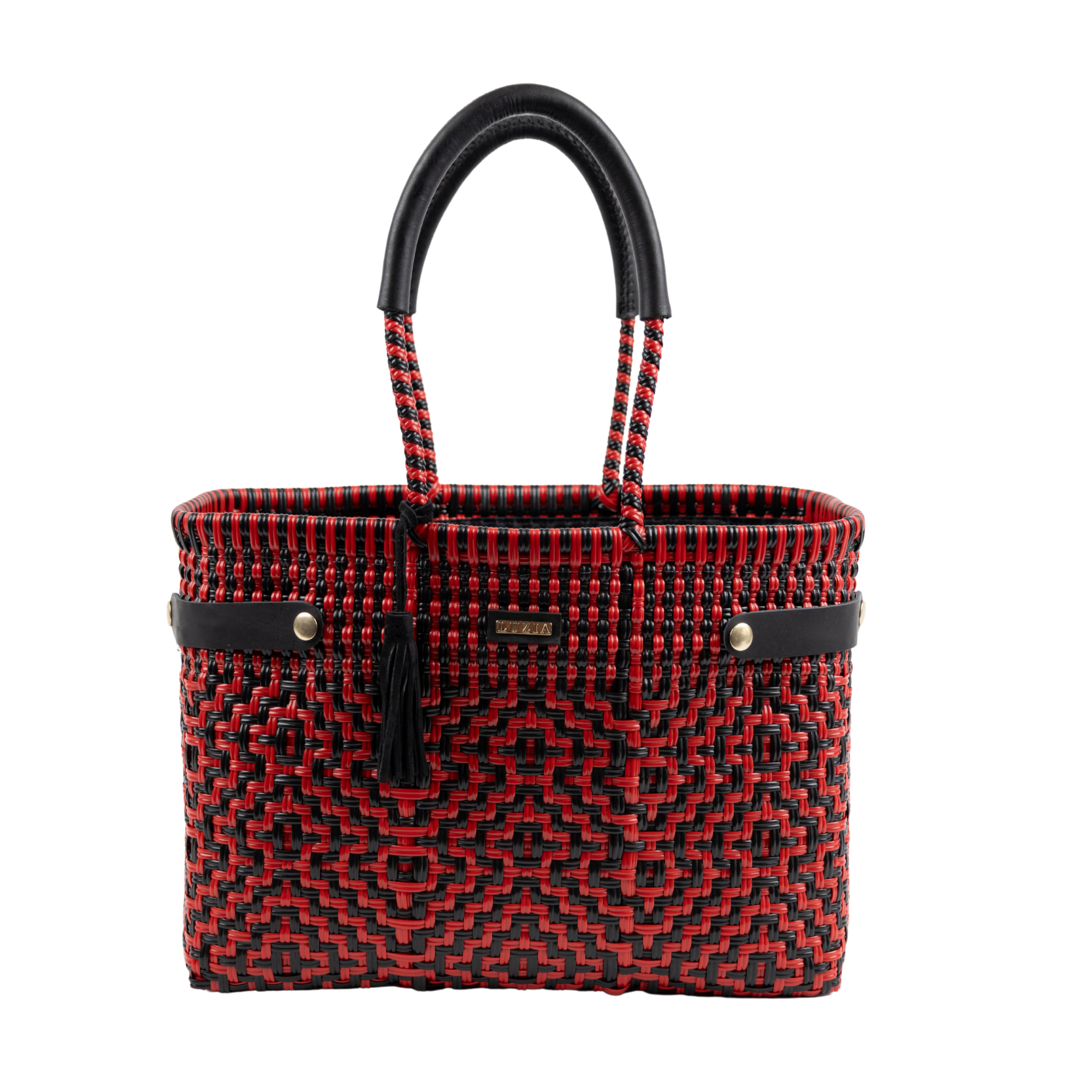 Georgia collegiate handwoven medium basket bag with red and black woven design