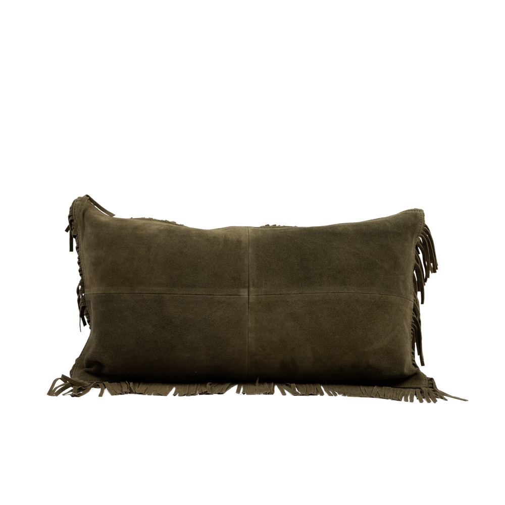 Fringe Suede Lumbar Pillow – Olive