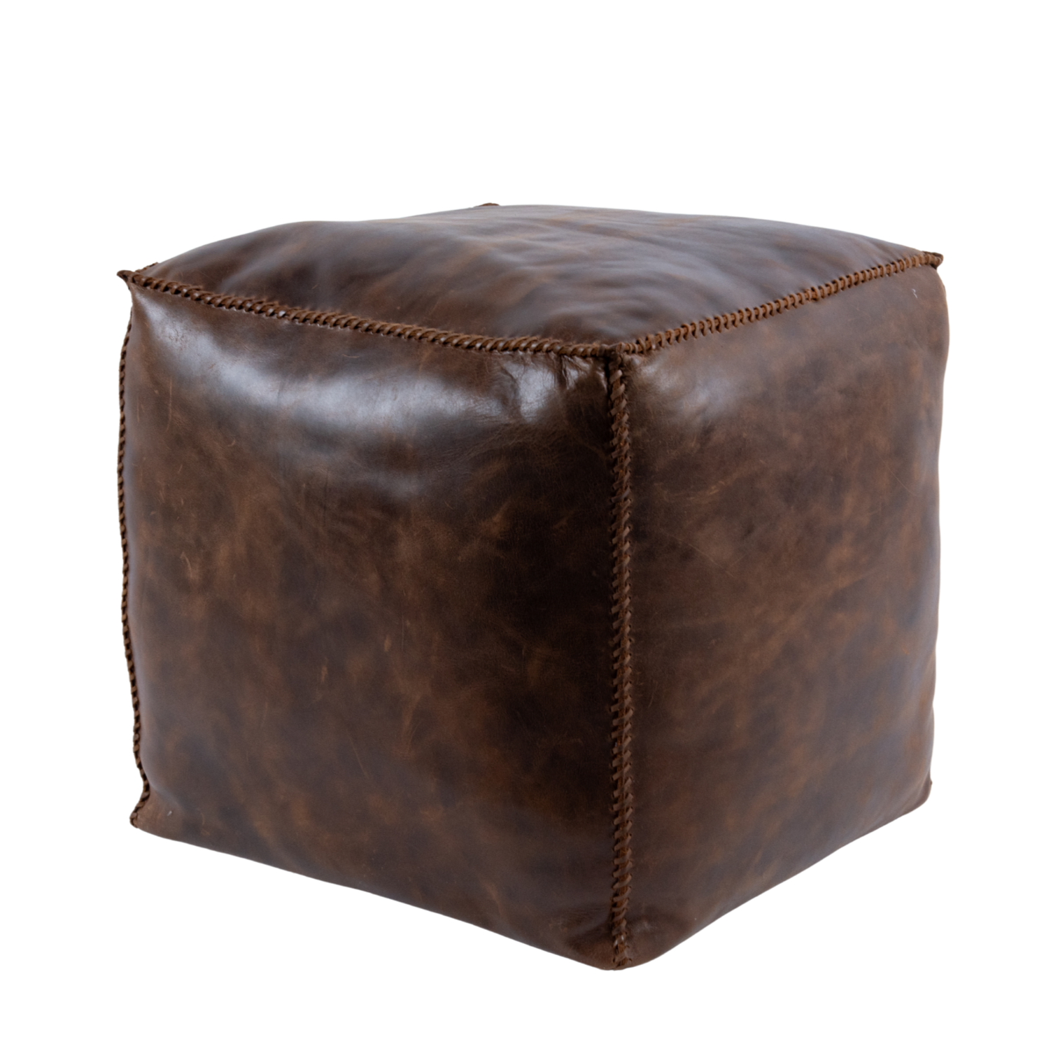 Pouf Handstiched Dark Brown Leather