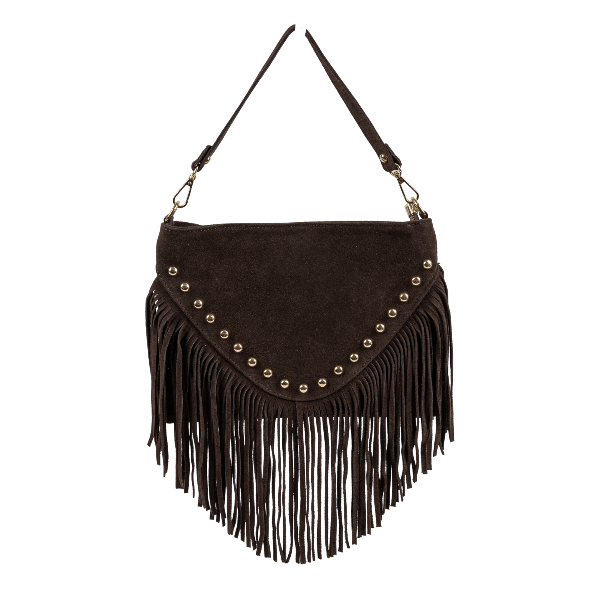 LUZIA Arm Tote Fringe Suede Buttons Brown suede handbag with fringe and leather handle