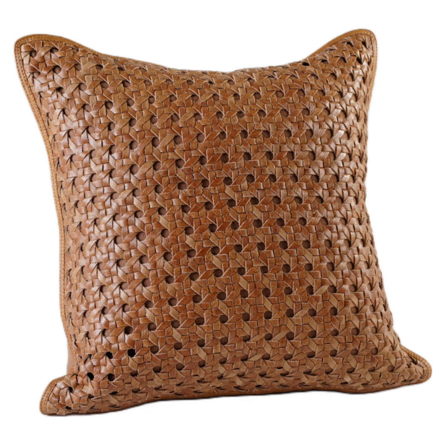 RATTAN WEAVE LEATHER PILLOW COGNAC 20" X 20" *Cover Only*