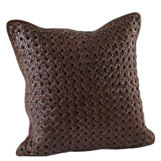 RATTAN WEAVE LEATHER PILLOW DARK BROWN 20" X 20" *Cover Only*