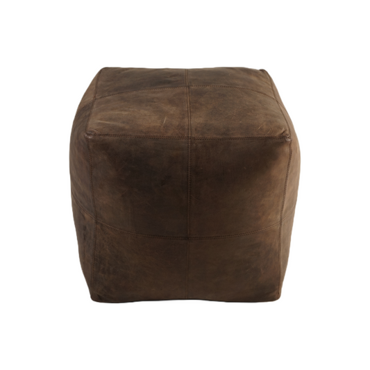 SQUARE 4 PATCH LEATHER POUF BROWN 18" X 18"