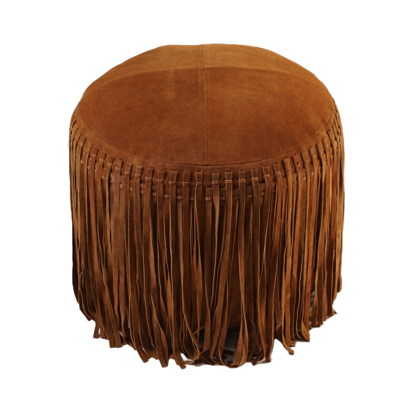 HAND TUFTED FRINGE SUEDE POUF CINNAMON 20" X 16"