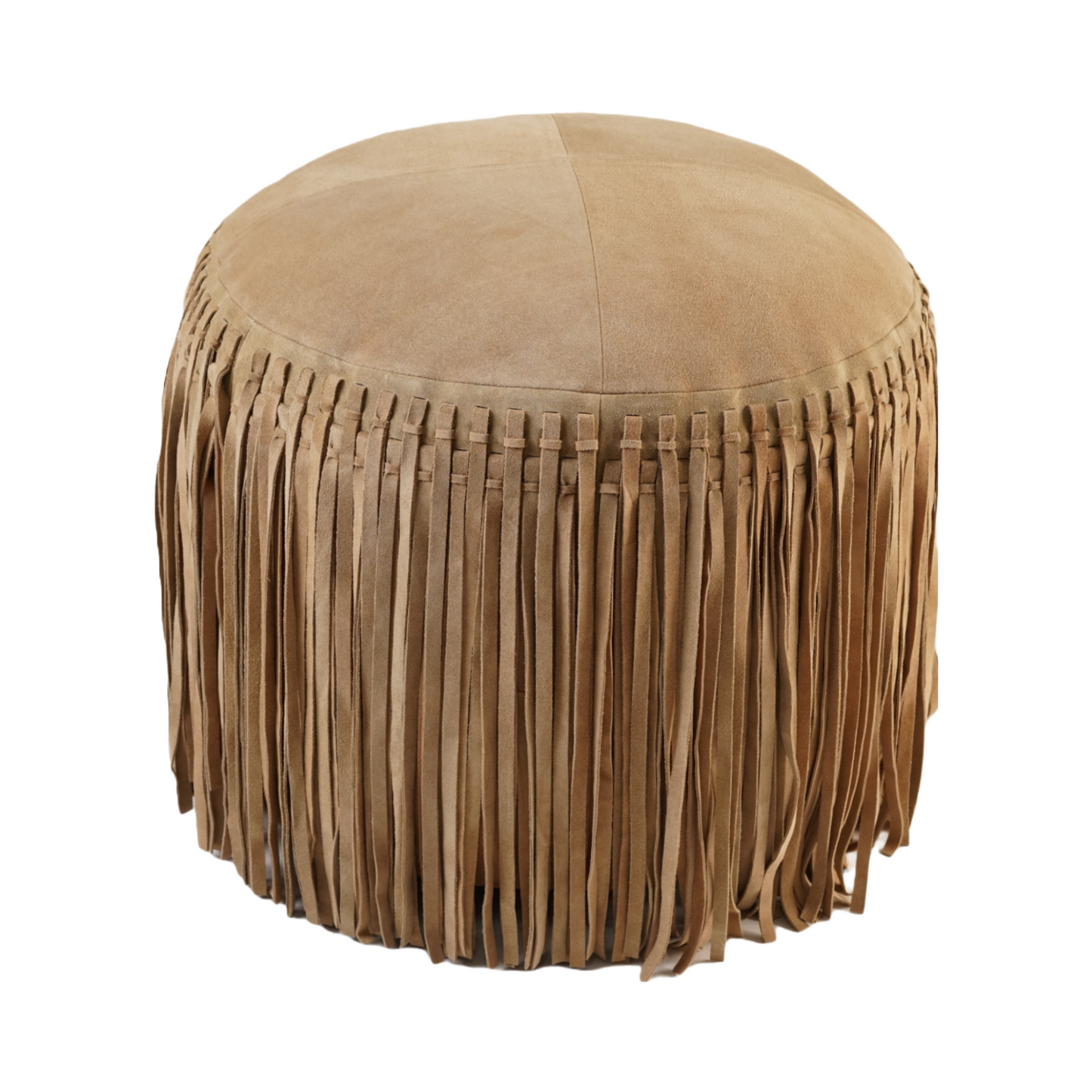 HAND TUFTED FRINGE SUEDE POUF KHAKI  20" X 16"