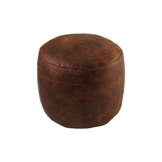 ROUND LEATHER POUF BROWN 20" X 16"