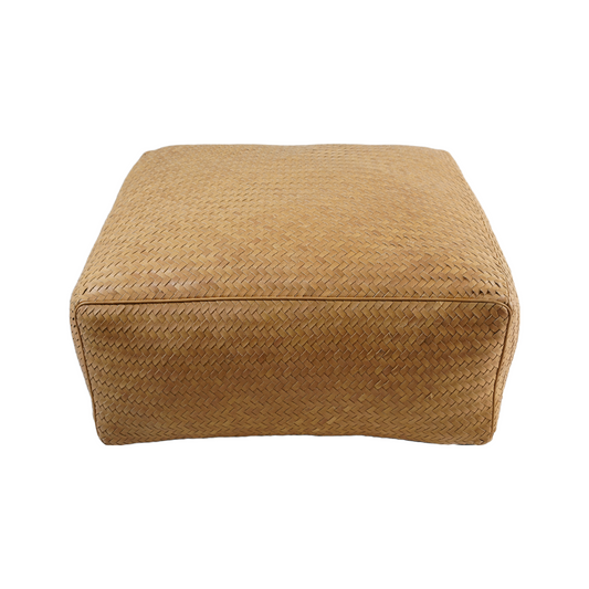 FULL HANDWOVEN POUF ON TOP & SIDES LEATHER TAN 30" X 12"