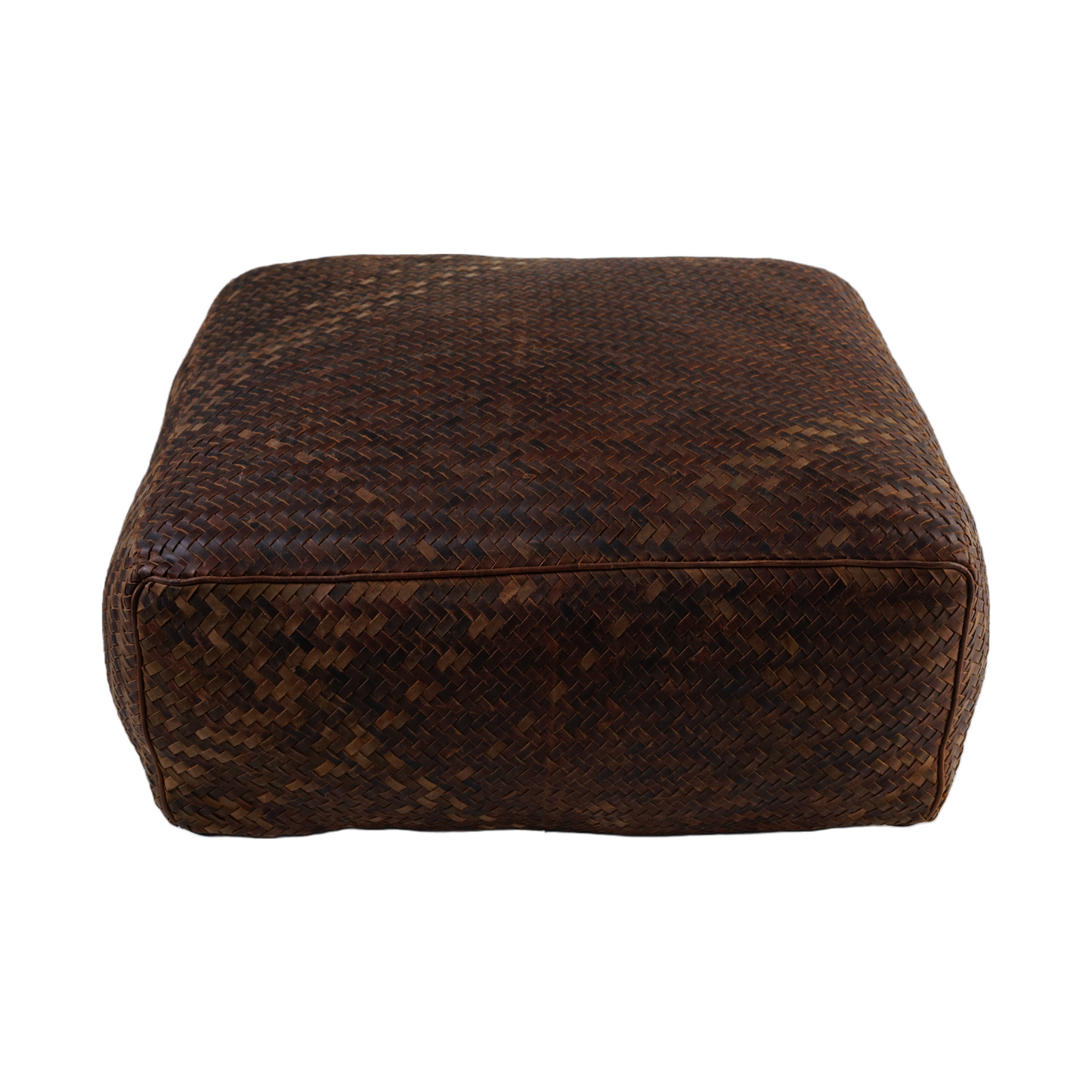 FULL HANDWOVEN POUF TOP & SIDES LEATHER BROWN 30" X 12"