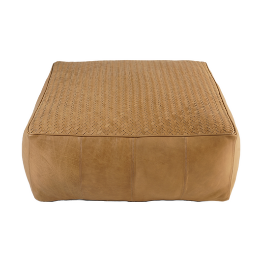 HANDWEAVING ON TOP POUF LEATHER TAN 30" X 12"