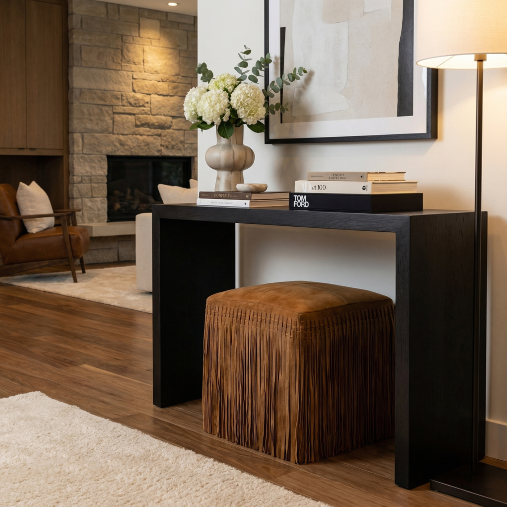 Square Suede Fringe Ottoman – Camel