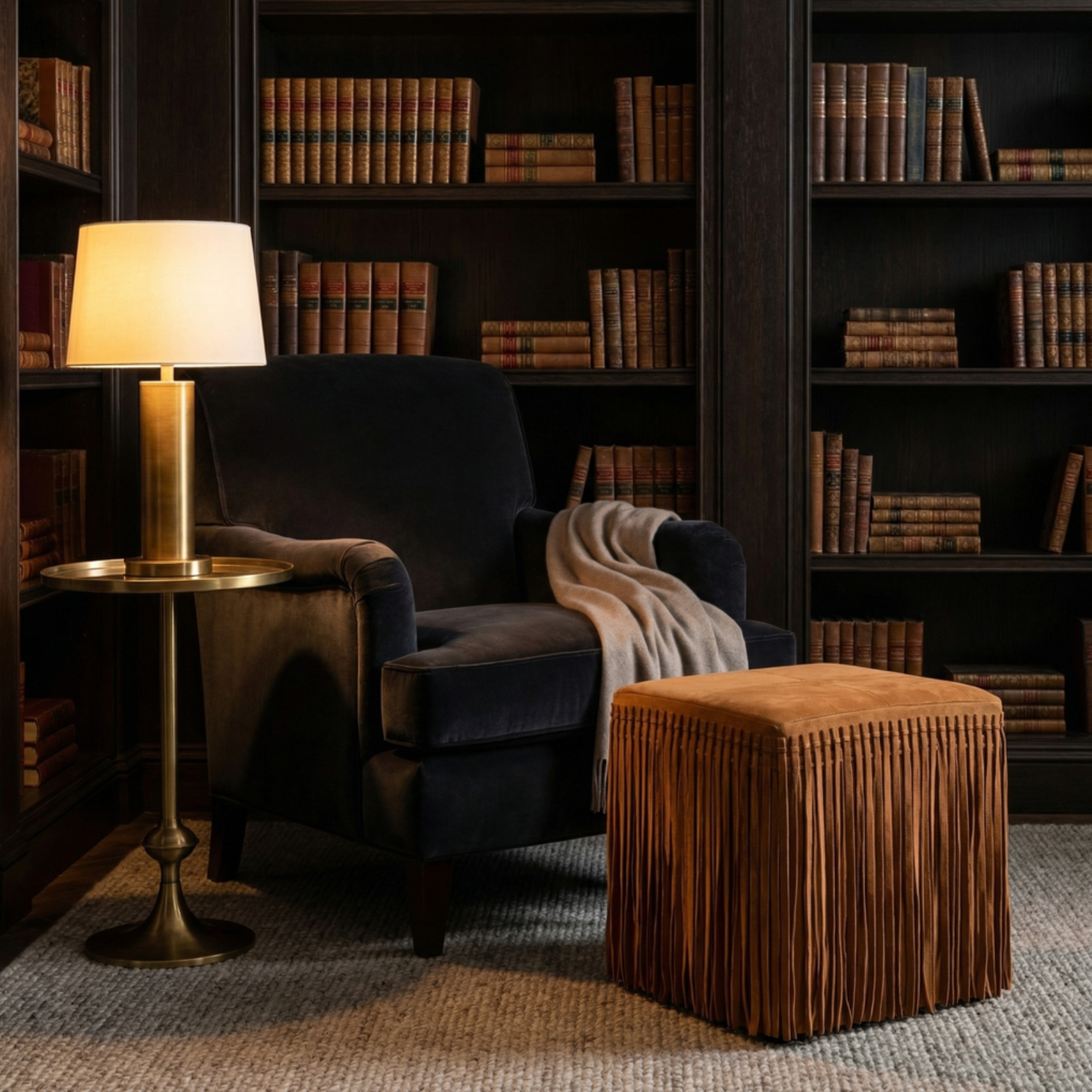 Square Suede Fringe Ottoman – Cognac