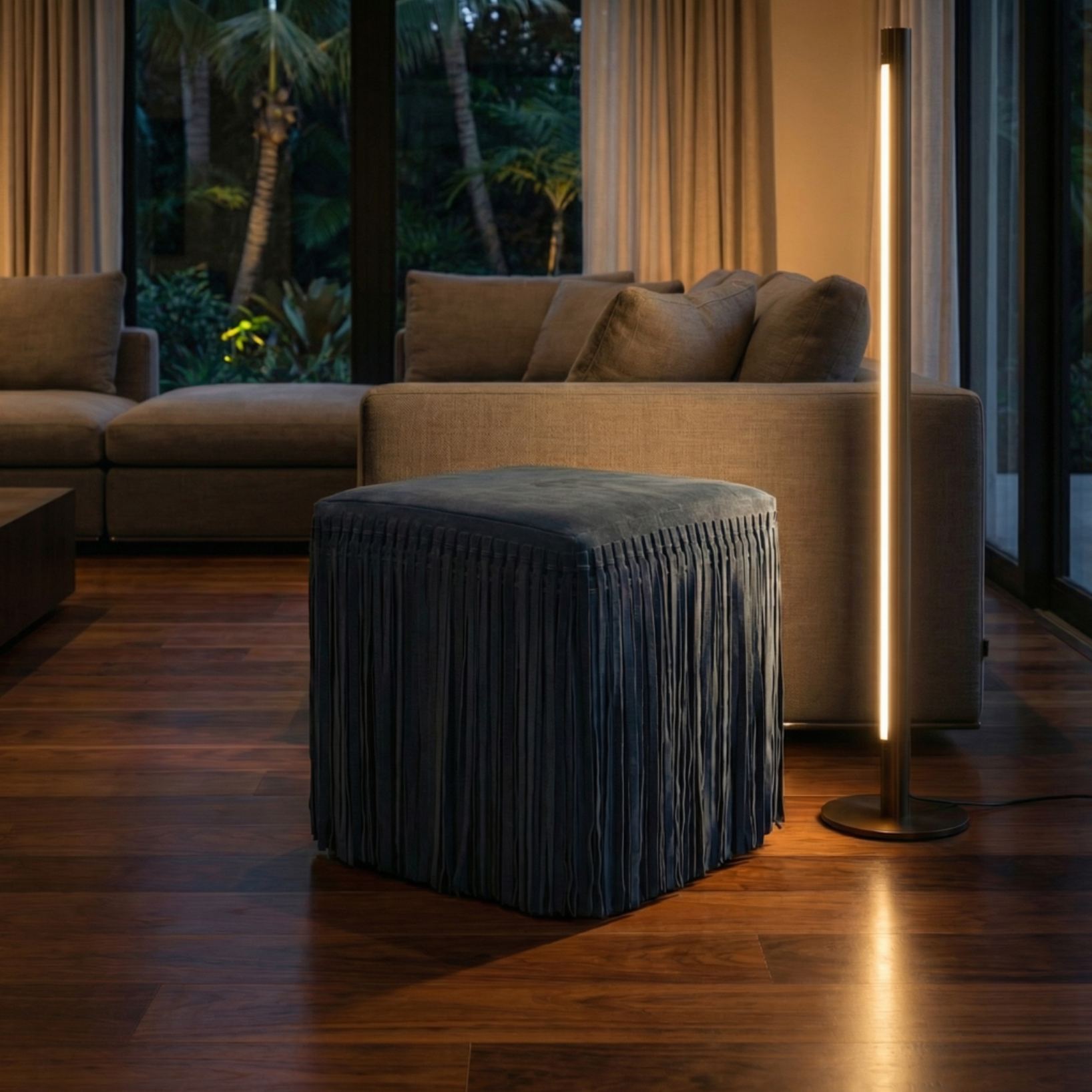 Square Suede Fringe Ottoman – Navy