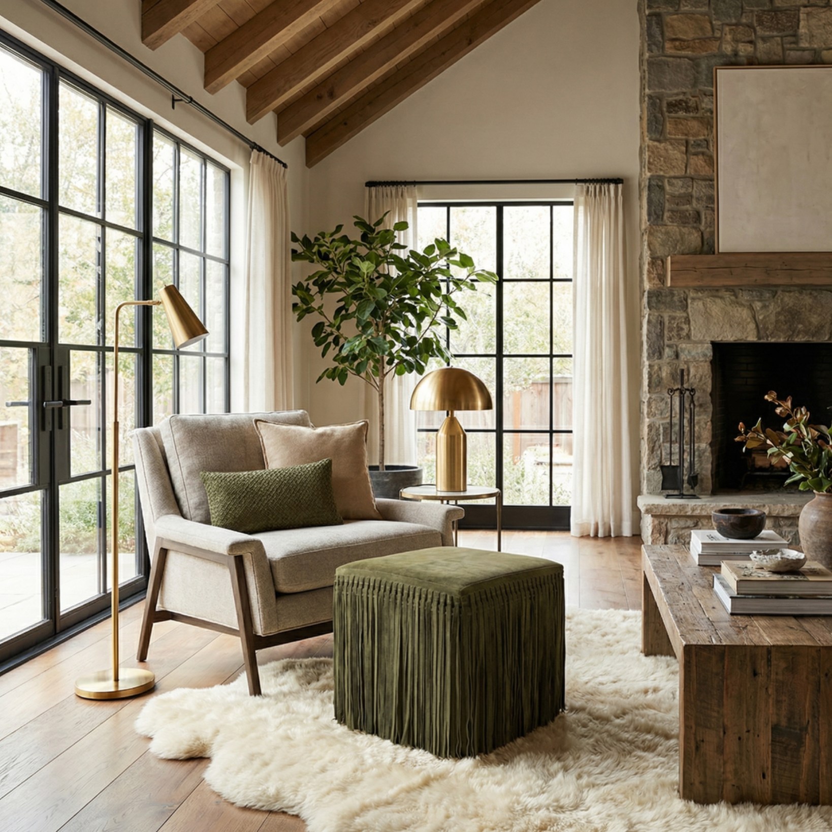 Square Suede Fringe Ottoman – Forest