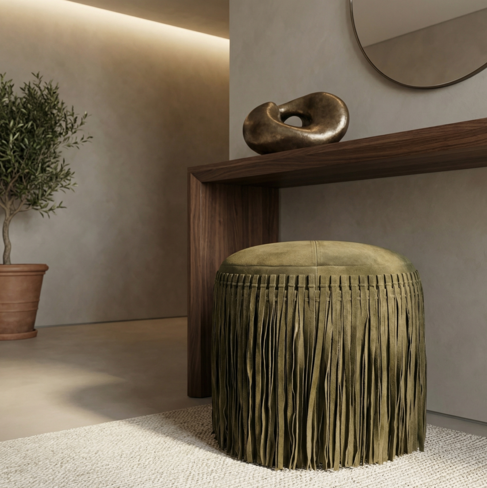 Round Suede Fringe Pouf – Forest