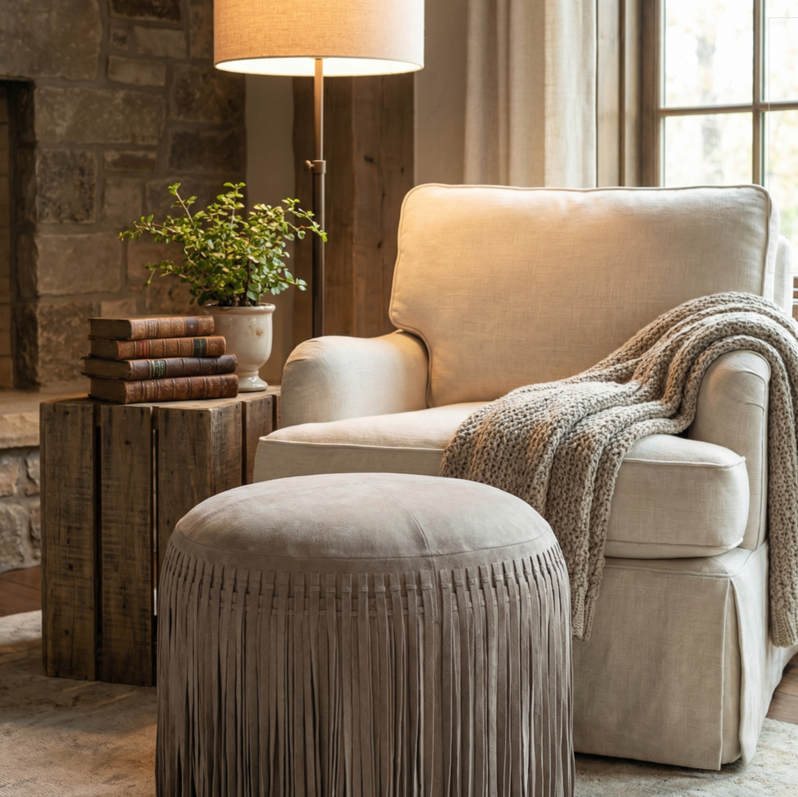 Round Suede Fringe Pouf – Bone