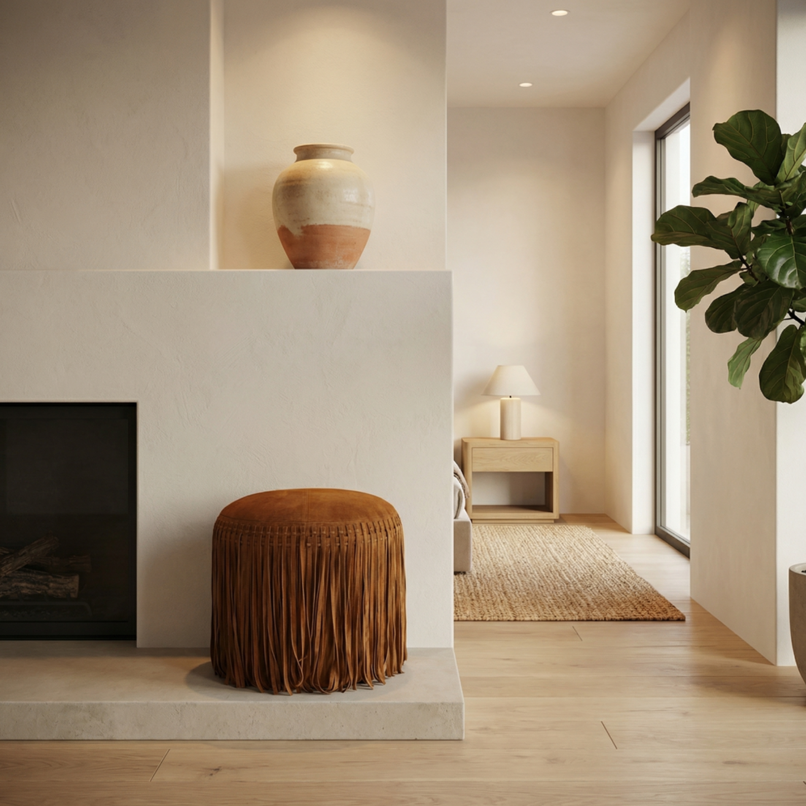 Round Suede Fringe Pouf – Cognac