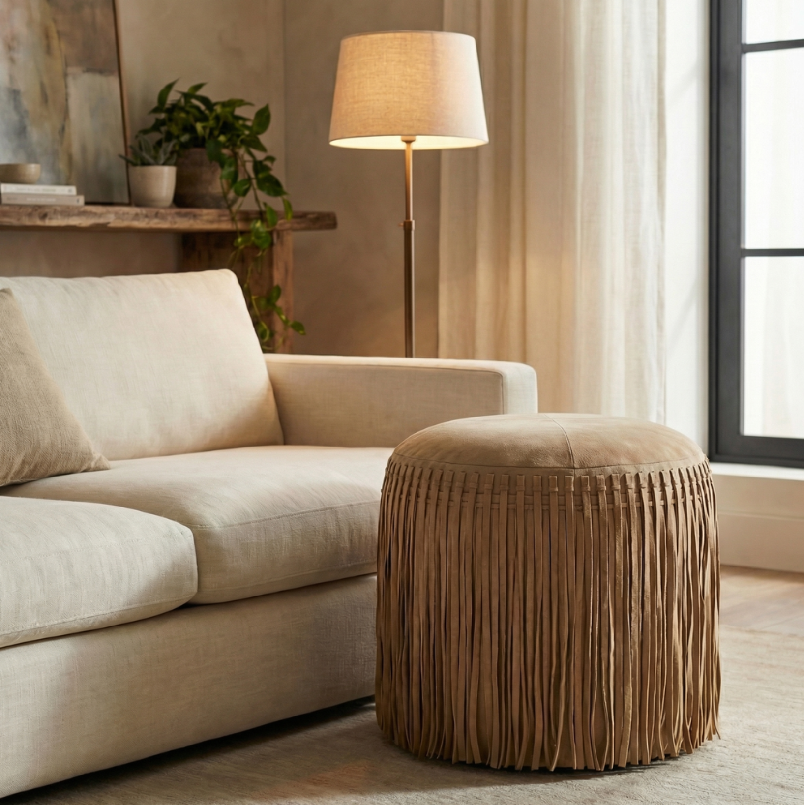 Round Suede Fringe Pouf – Taupe