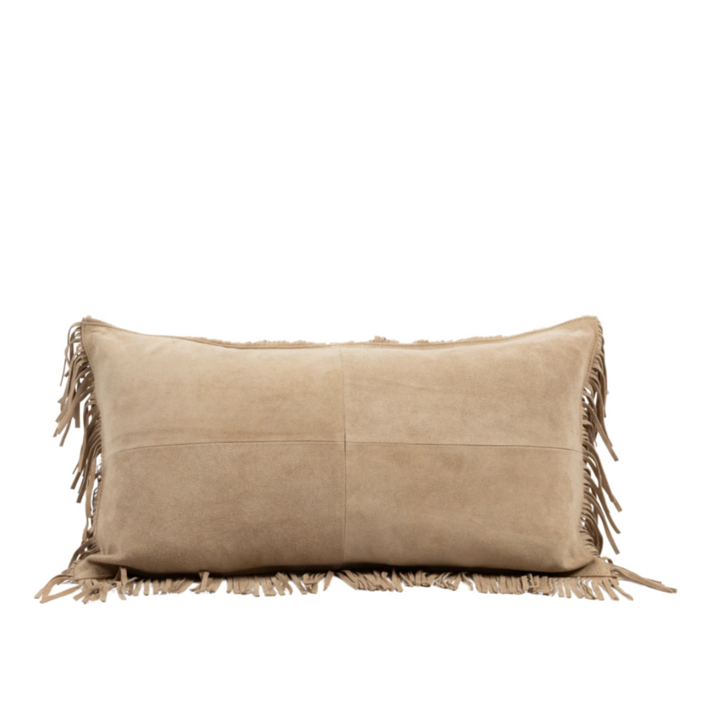 Fringe Suede Lumbar Pillow – Taupe