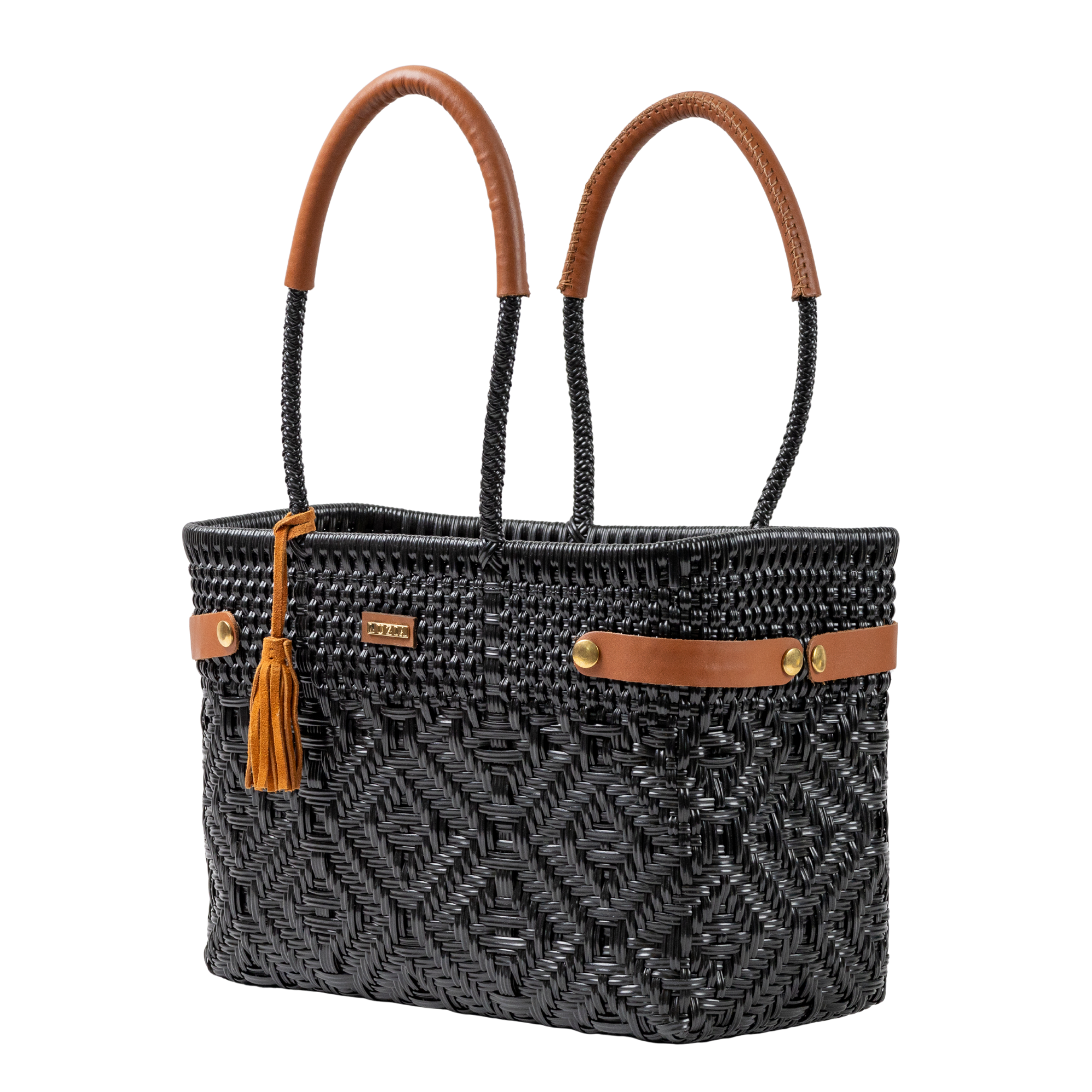 Open Basket Medium Braided Solid Black (Leather Cognac)
