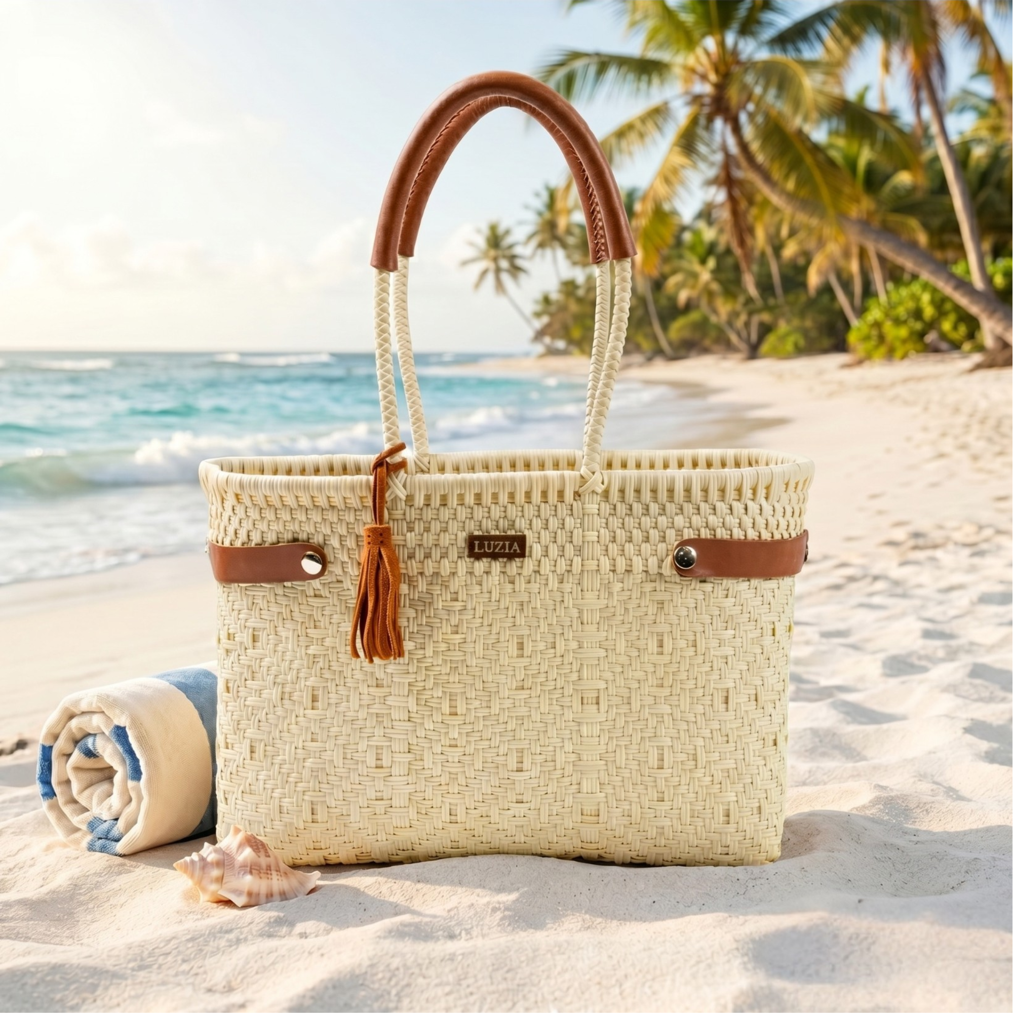 Open Basket Medium Braided Solid Beige