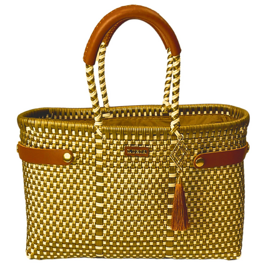 Open Basket Medium Checkers Beige Gold