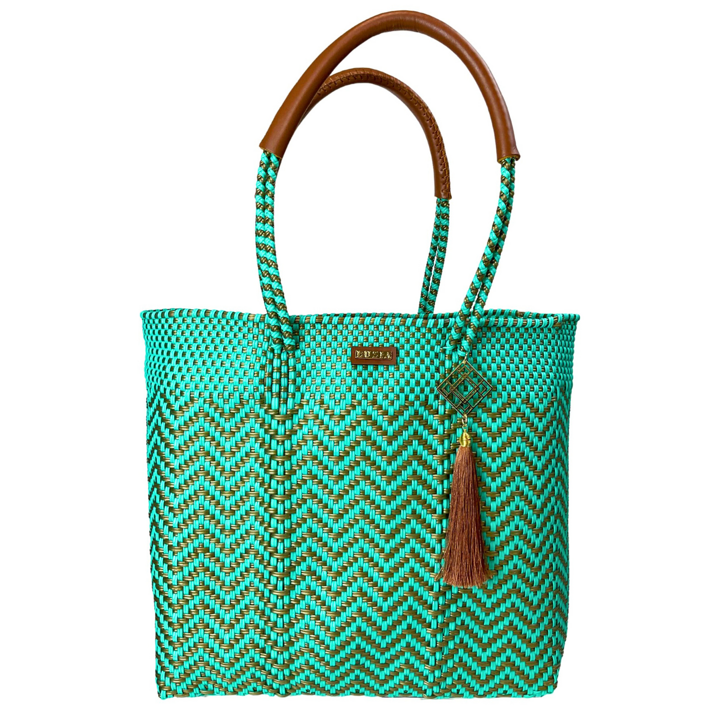 Shoulder Tote Chevron Turquoise Gold