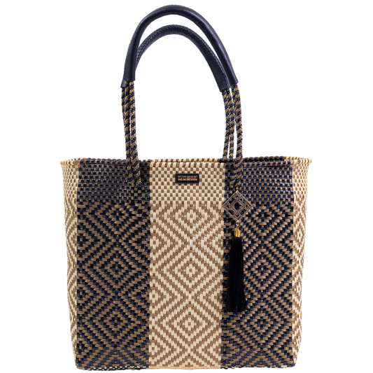 Shoulder Tote Stripe Multi-Diamond Black Beige Gold