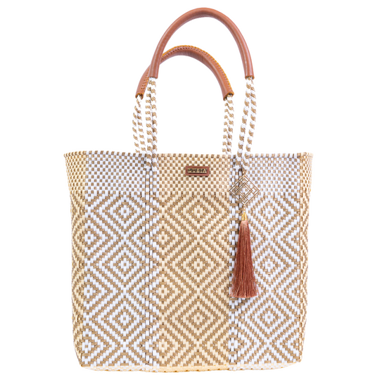 Shoulder Tote Stripe Multi-Diamond White Beige Gold