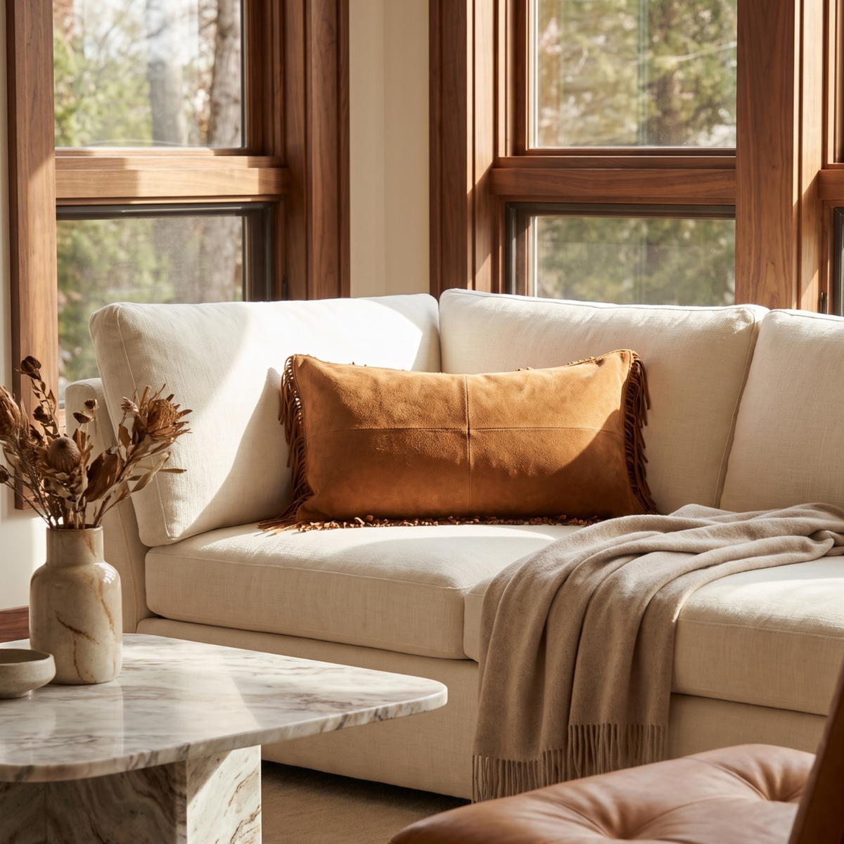 Fringe Suede Lumbar Pillow – Cognac