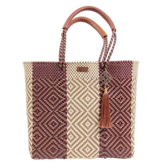 Shoulder Tote Stripe Multi-Diamond Burgundy Beige Gold