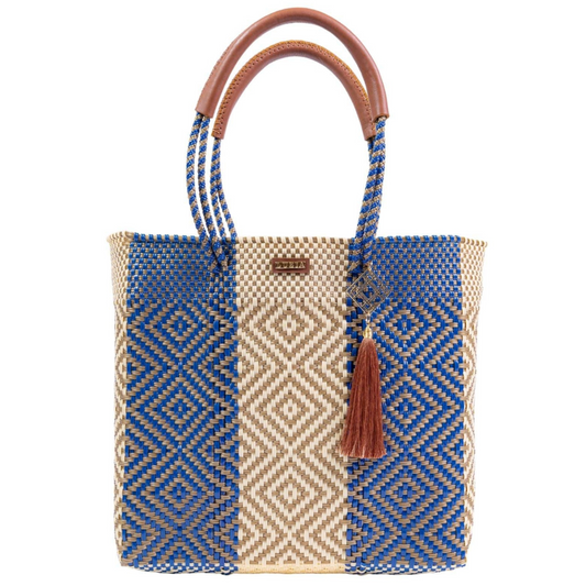 Shoulder Tote Stripe Multi-Diamond Blue Beige Gold