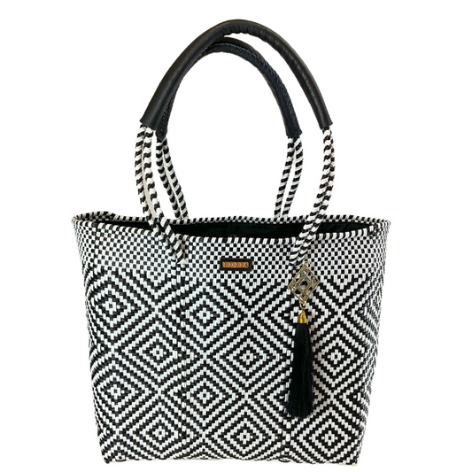 Shoulder Tote Multi-Diamond Black White