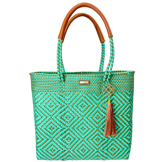 Shoulder Tote Multi-Diamond Turquoise Gold